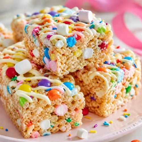 barres chamallow arc-en-ciel au riz soufflé avec bonbons colorés et ruban rose flouté
