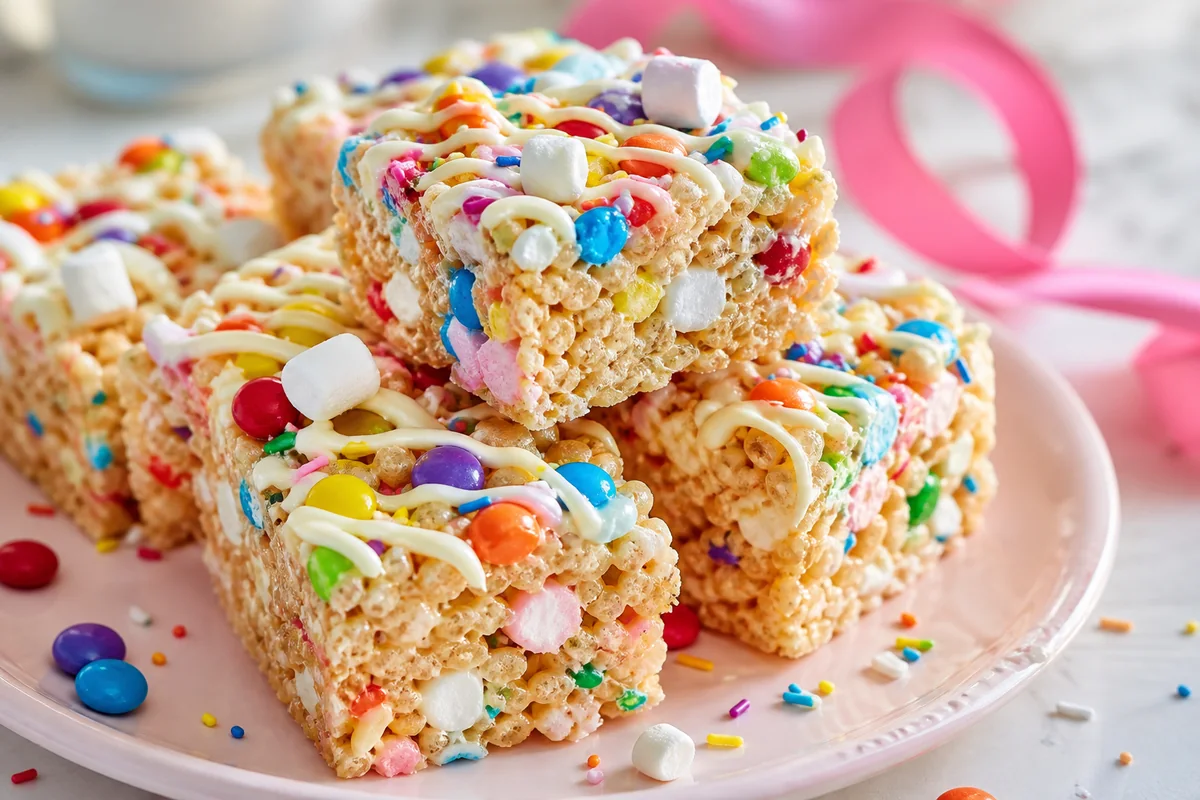 barres chamallow arc-en-ciel au riz soufflé avec bonbons colorés et ruban rose flouté