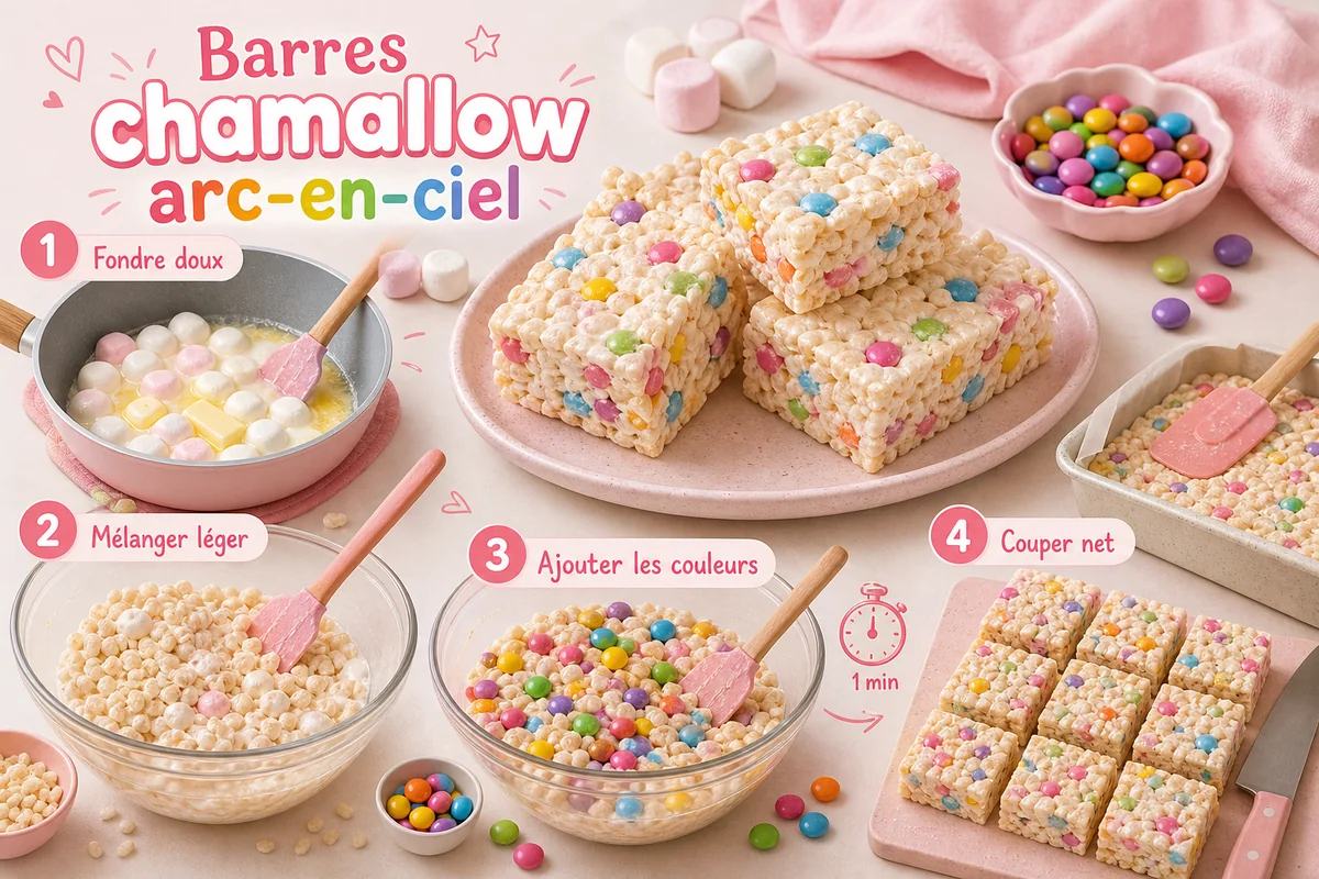 infographie TonBonbon des quatre gestes pour réussir des barres chamallow arc-en-ciel au riz soufflé