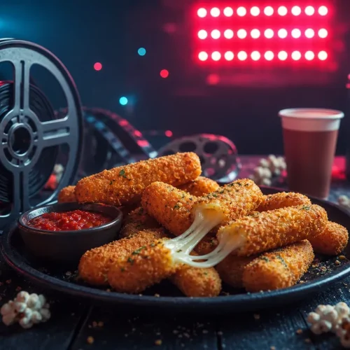 Bâtonnets de mozzarella panés croustillants avec sauce marinara en ambiance cinéma