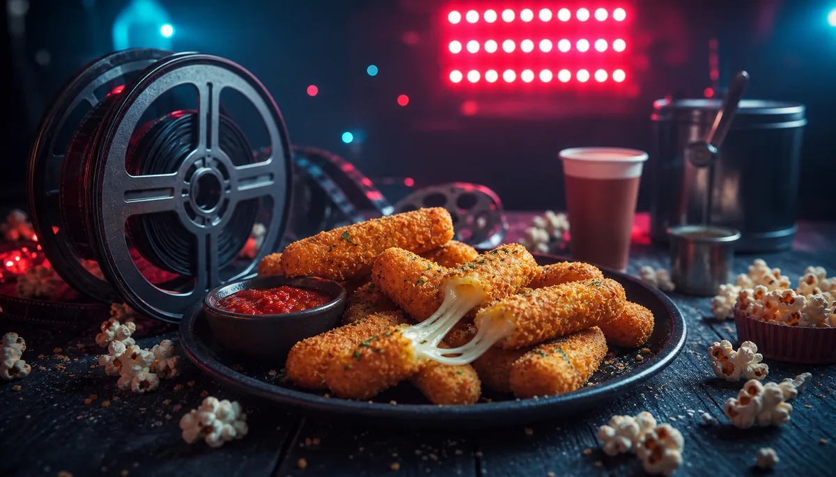 Bâtonnets de mozzarella panés croustillants avec sauce marinara en ambiance cinéma