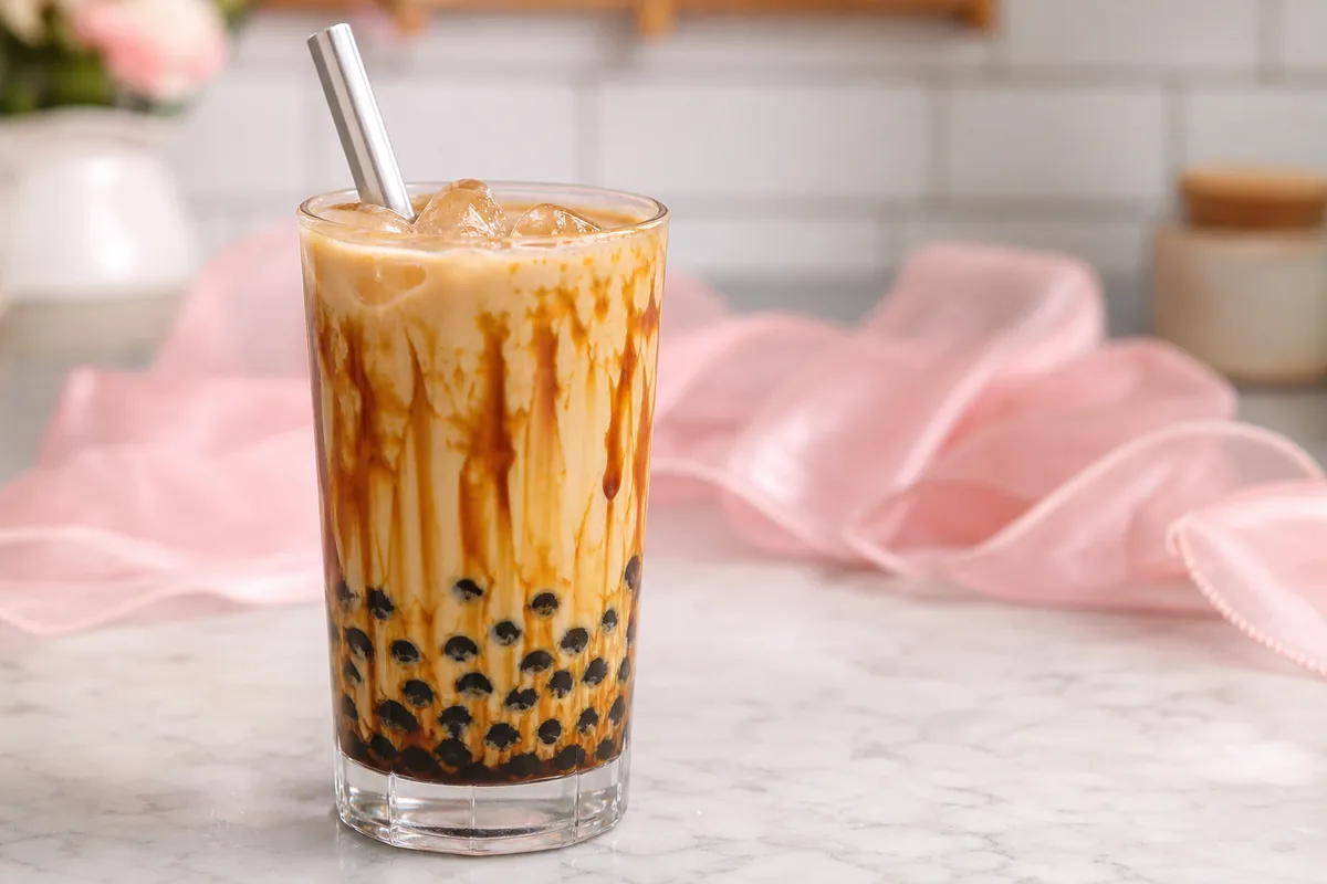 bubble tea brown sugar maison avec perles de tapioca et sirop caramel