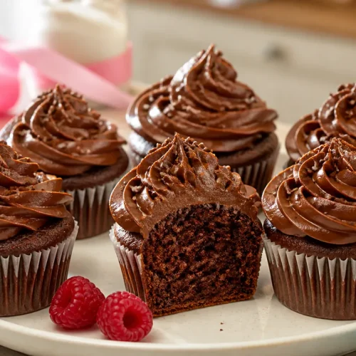Cupcakes au chocolat moelleux avec ganache brillante et framboises
