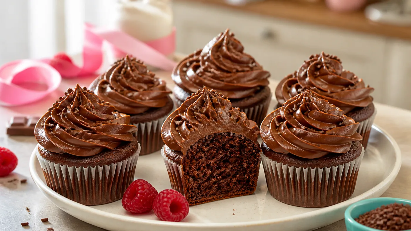 Cupcakes au chocolat moelleux avec ganache brillante et framboises
