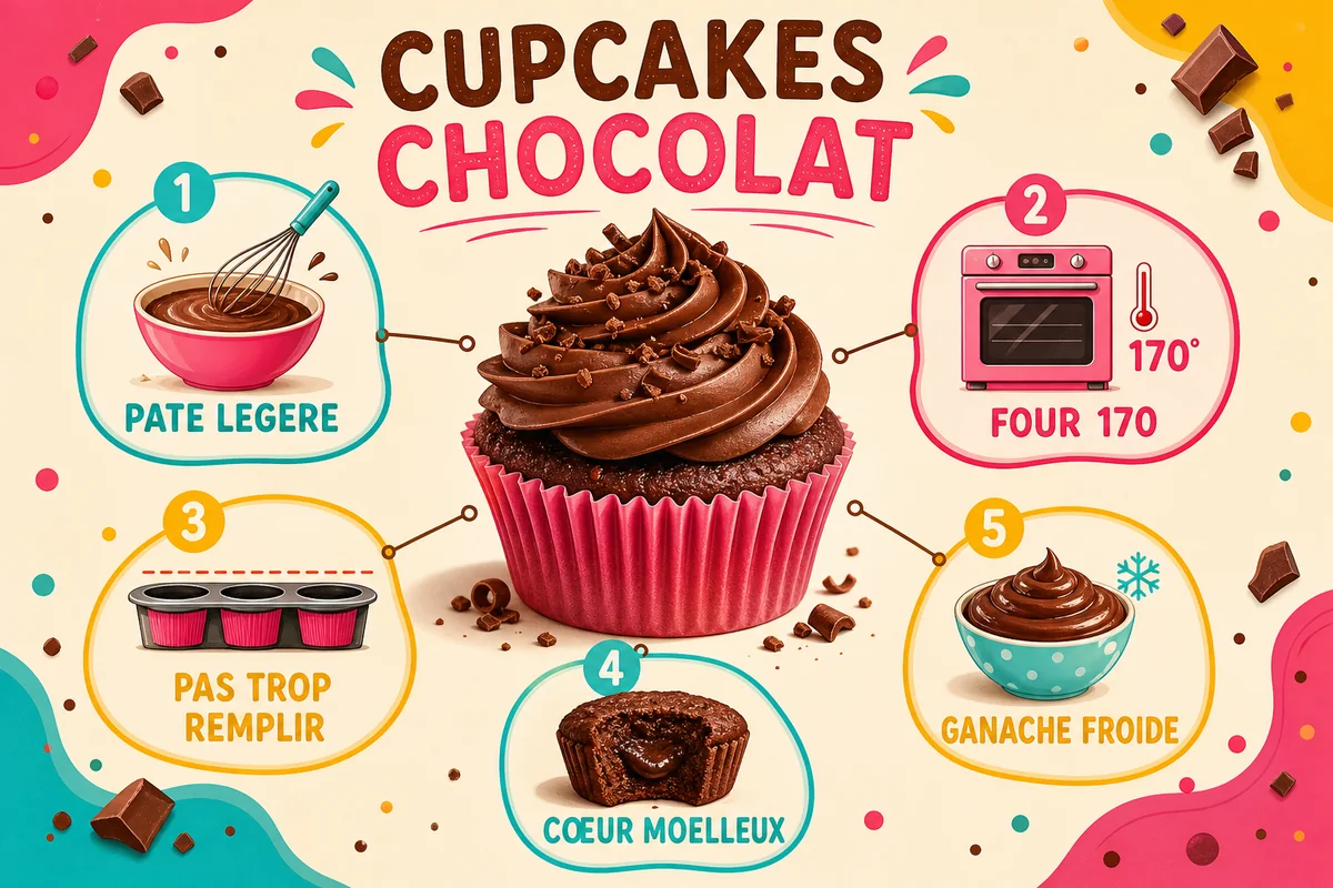 Infographie TonBonbon avec les repères pour réussir des cupcakes au chocolat moelleux