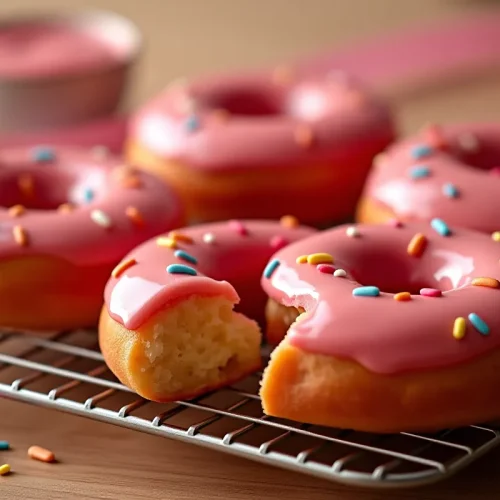 Donuts au four avec glaçage framboise rose et vermicelles colorés