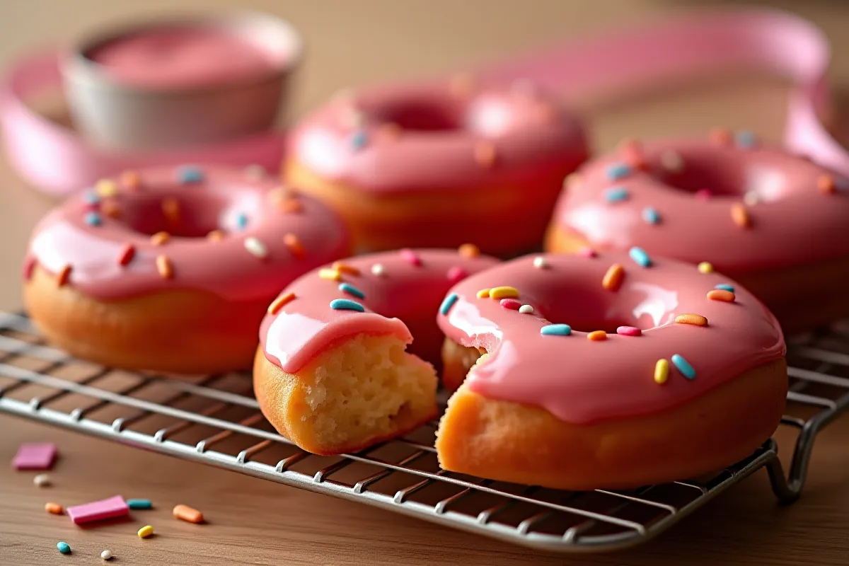 Donuts au four avec glaçage framboise rose et vermicelles colorés