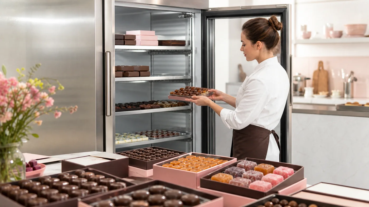 Frigo professionnel ouvert avec chocolats et confiseries rangés en boîtes