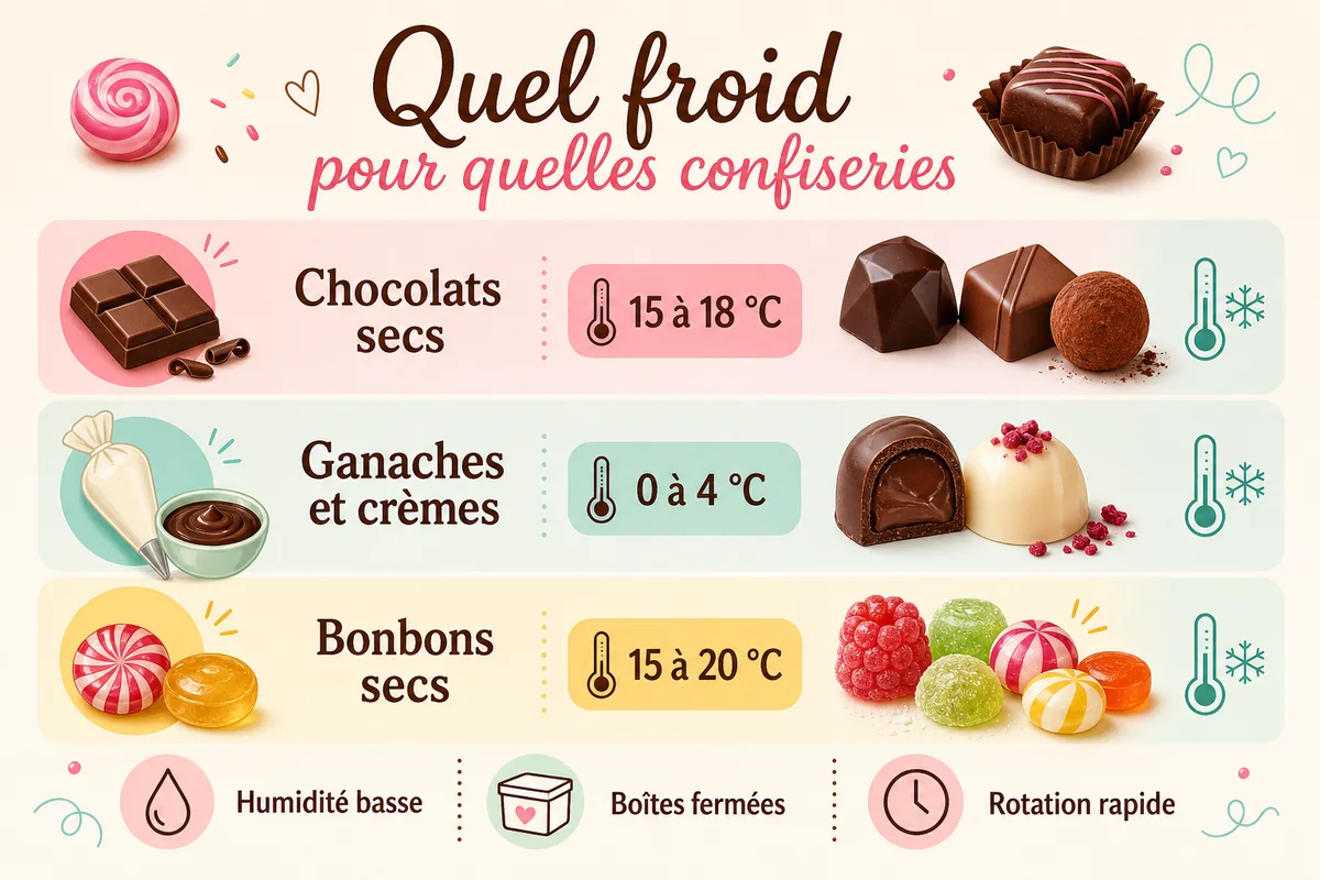 Infographie sur les températures de stockage des chocolats, ganaches et bonbons secs