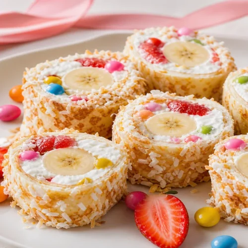 makis sucrés aux bonbons avec crêpe, banane, fraise, noix de coco et ruban rose flouté