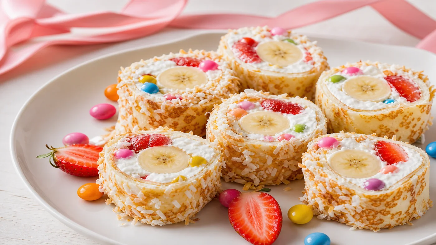 makis sucrés aux bonbons avec crêpe, banane, fraise, noix de coco et ruban rose flouté