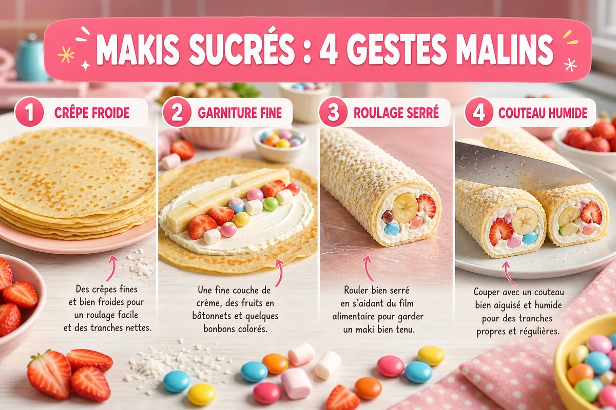 infographie TonBonbon des quatre gestes pour réussir des makis sucrés aux bonbons