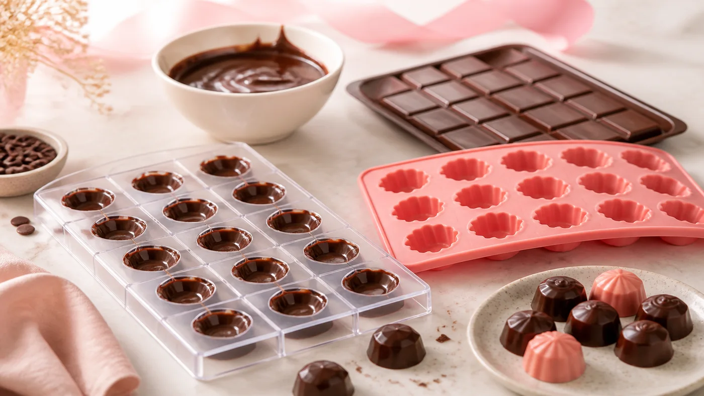 moules chocolat polycarbonate et silicone avec chocolats maison sur fond rose