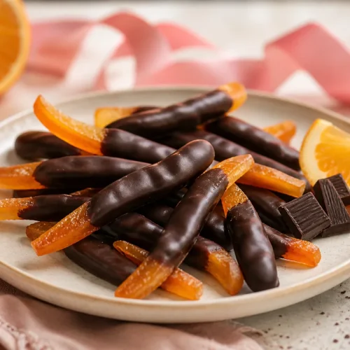 orangettes au chocolat maison avec un ruban rose flouté en arrière-plan
