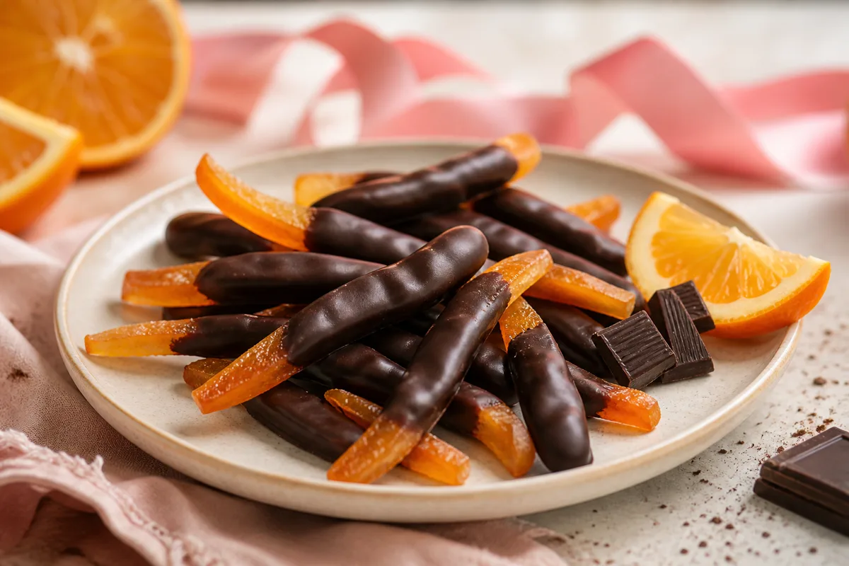 orangettes au chocolat maison avec un ruban rose flouté en arrière-plan