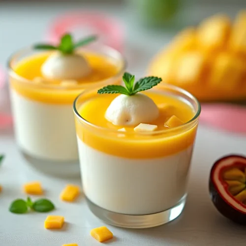 Verrines de perles du Japon au lait de coco avec mangue et fruit de la passion