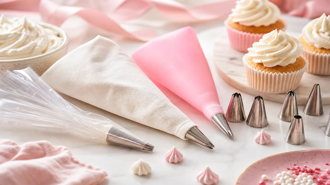 poches à douille jetable réutilisable et silicone avec cupcakes sur fond rose