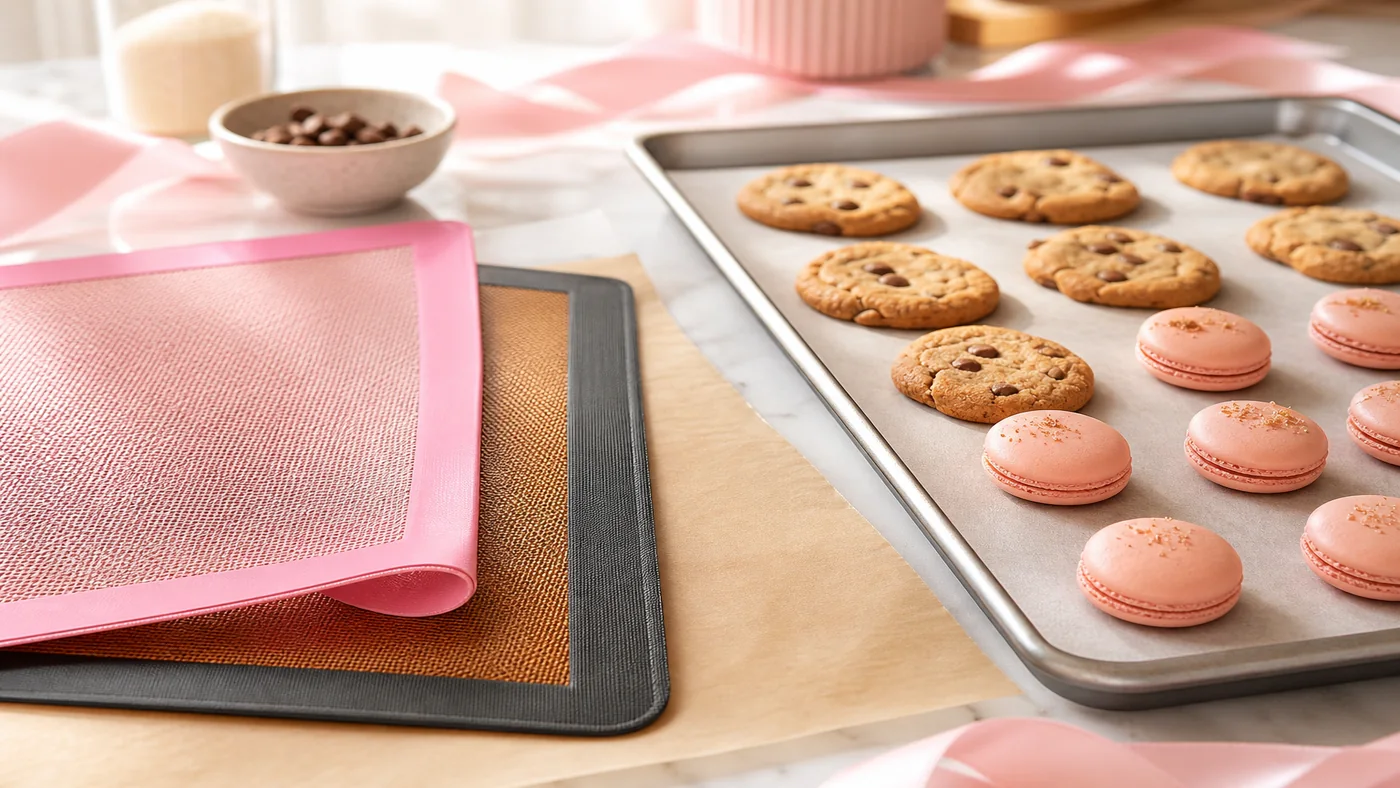 tapis de cuisson silicone papier sulfurisé et cookies sur plaque avec fond rose