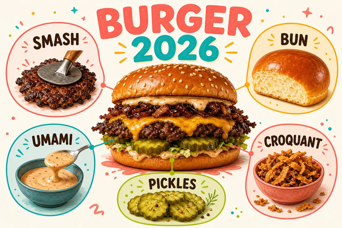 Infographie TonBonbon sur les tendances burger 2026 : smash, bun, umami, pickles et croquant