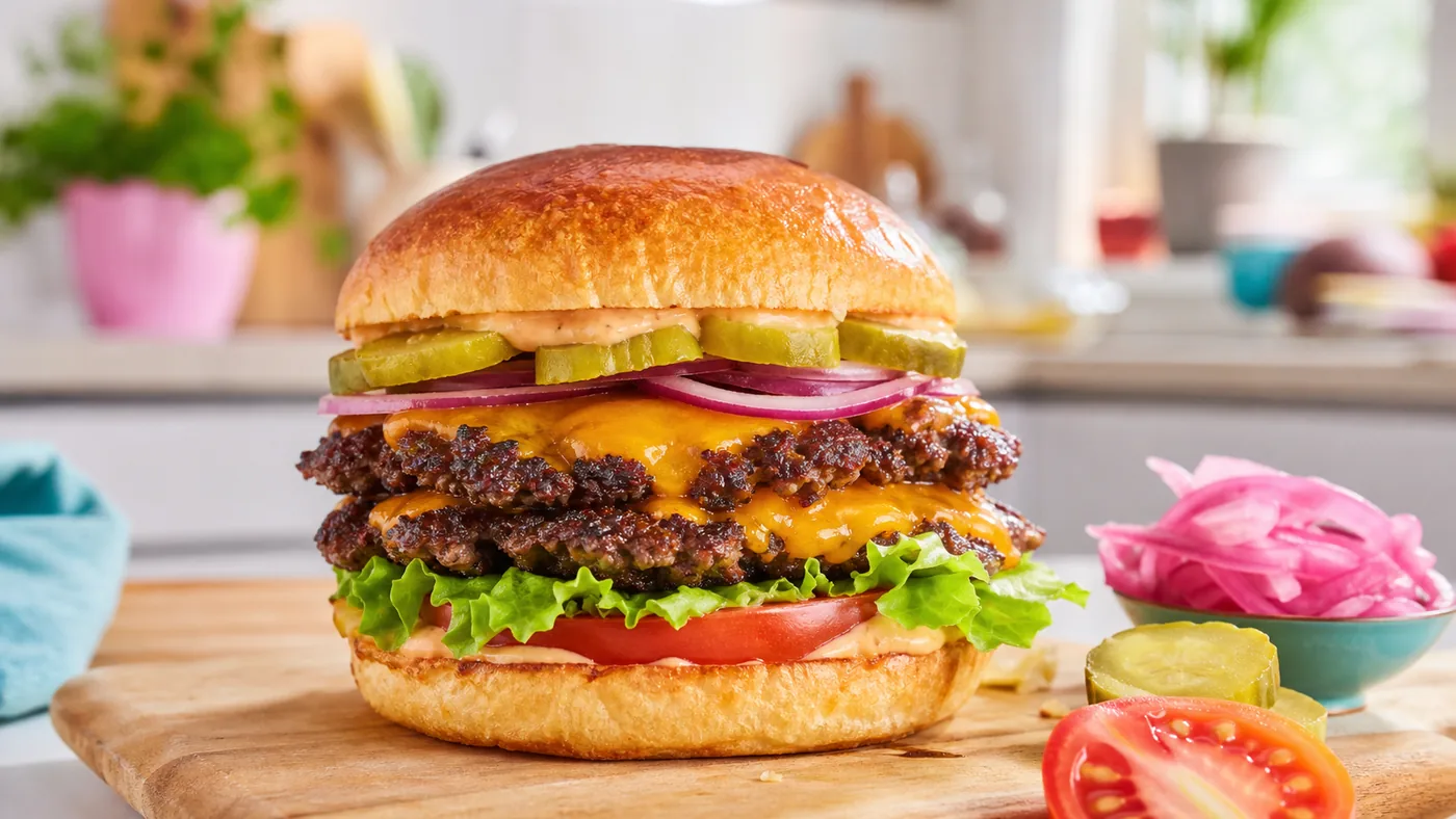 Burger maison tendance 2026 avec double smash, cheddar fondu, pickles et bun doré
