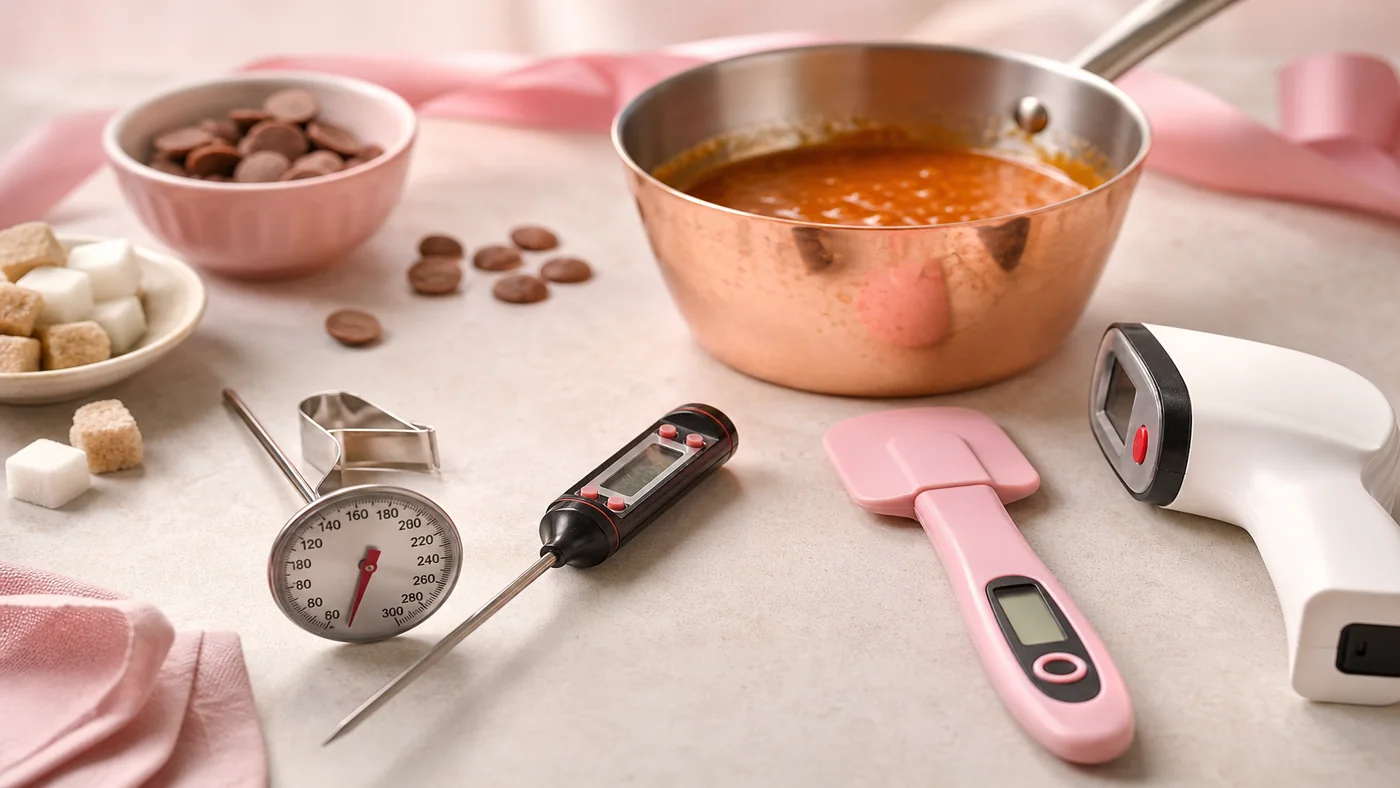 comparatif de thermomètres de confiseur avec caramel et chocolat sur fond rose
