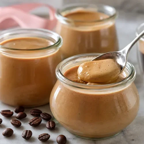 Crème dessert café maison en petits pots avec cuillère et grains de café