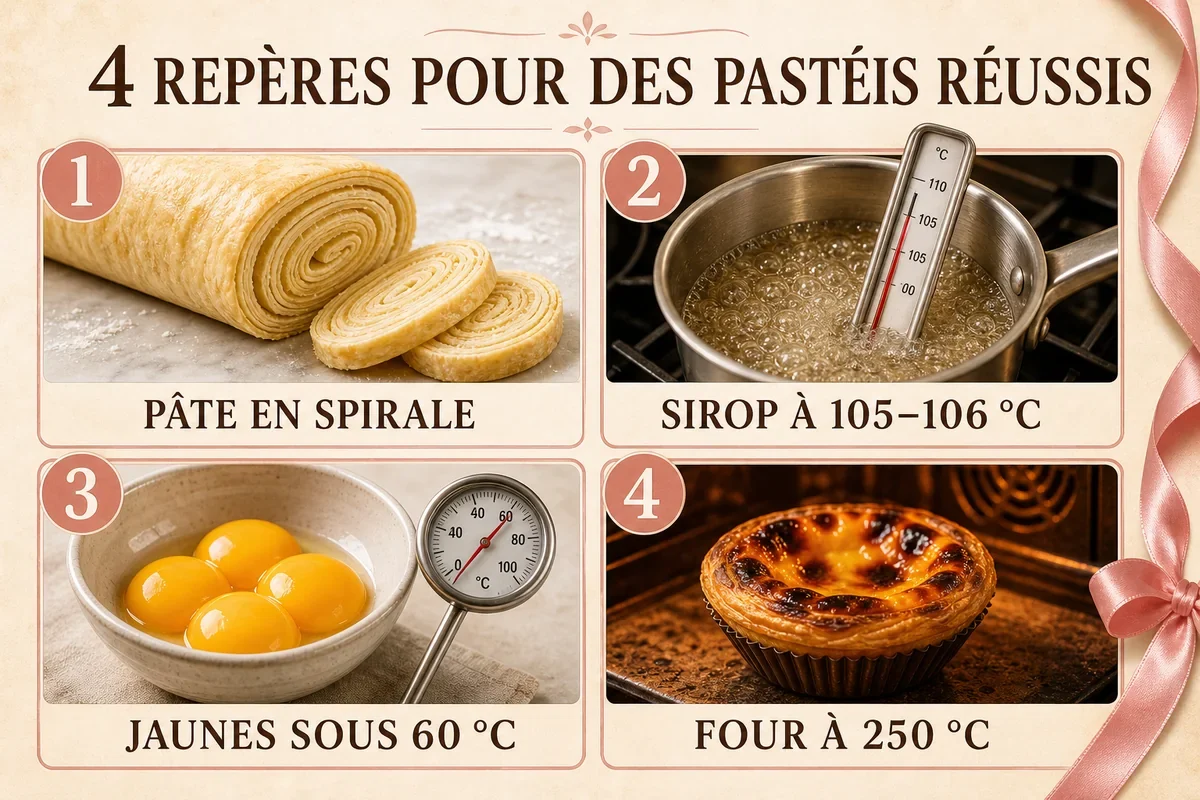 Infographie des quatre repères pour réussir des pastéis de nata traditionnels