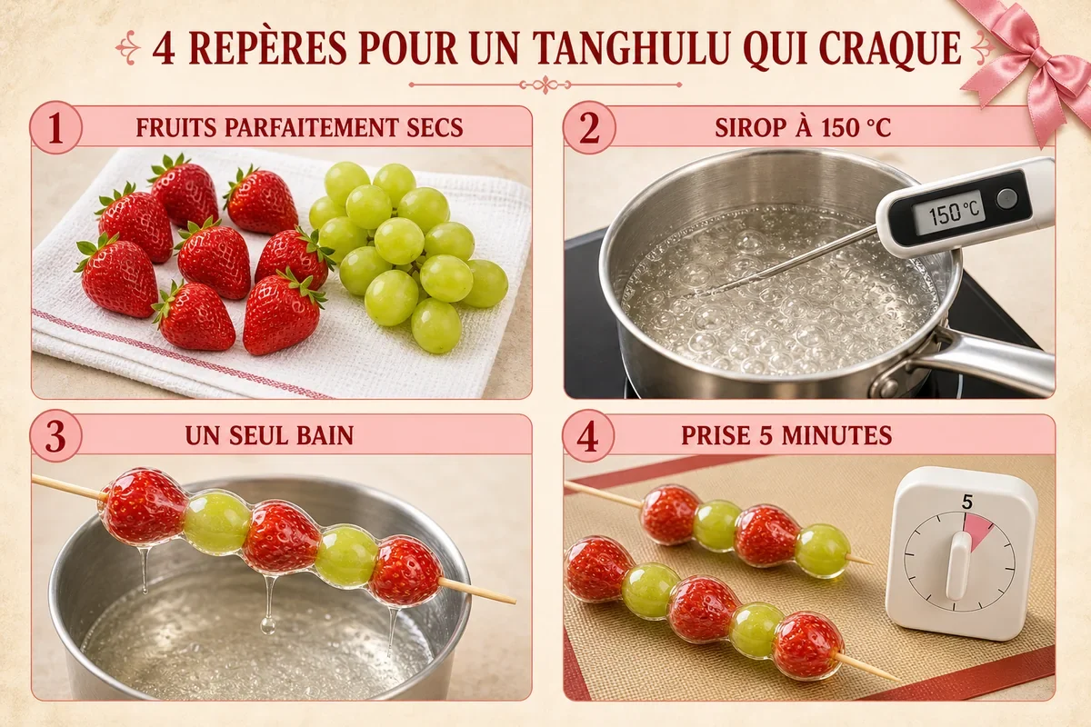 Infographie des quatre repères pour réussir un tanghulu qui craque
