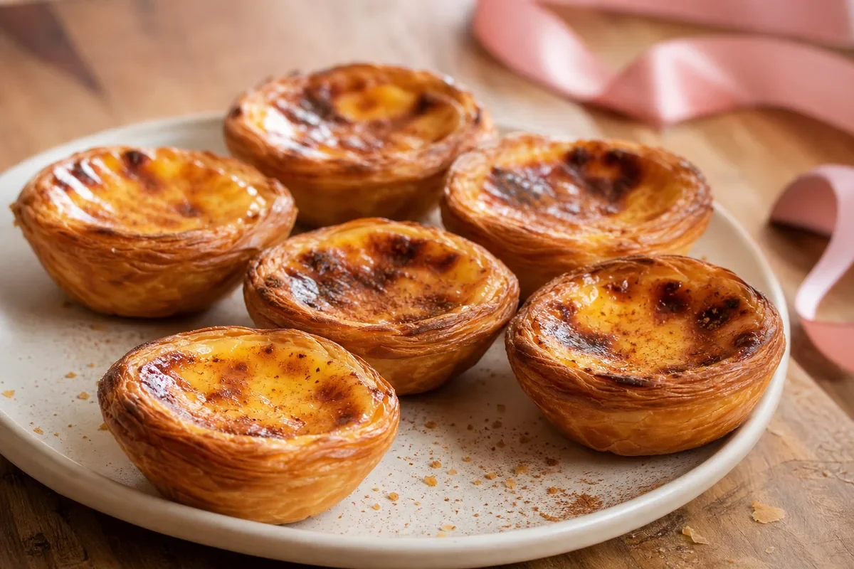 Pastéis de nata traditionnels maison au dessus caramélisé et à la pâte feuilletée