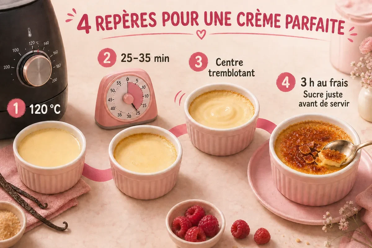 Infographie des quatre repères pour réussir une crème brûlée à l’Air Fryer