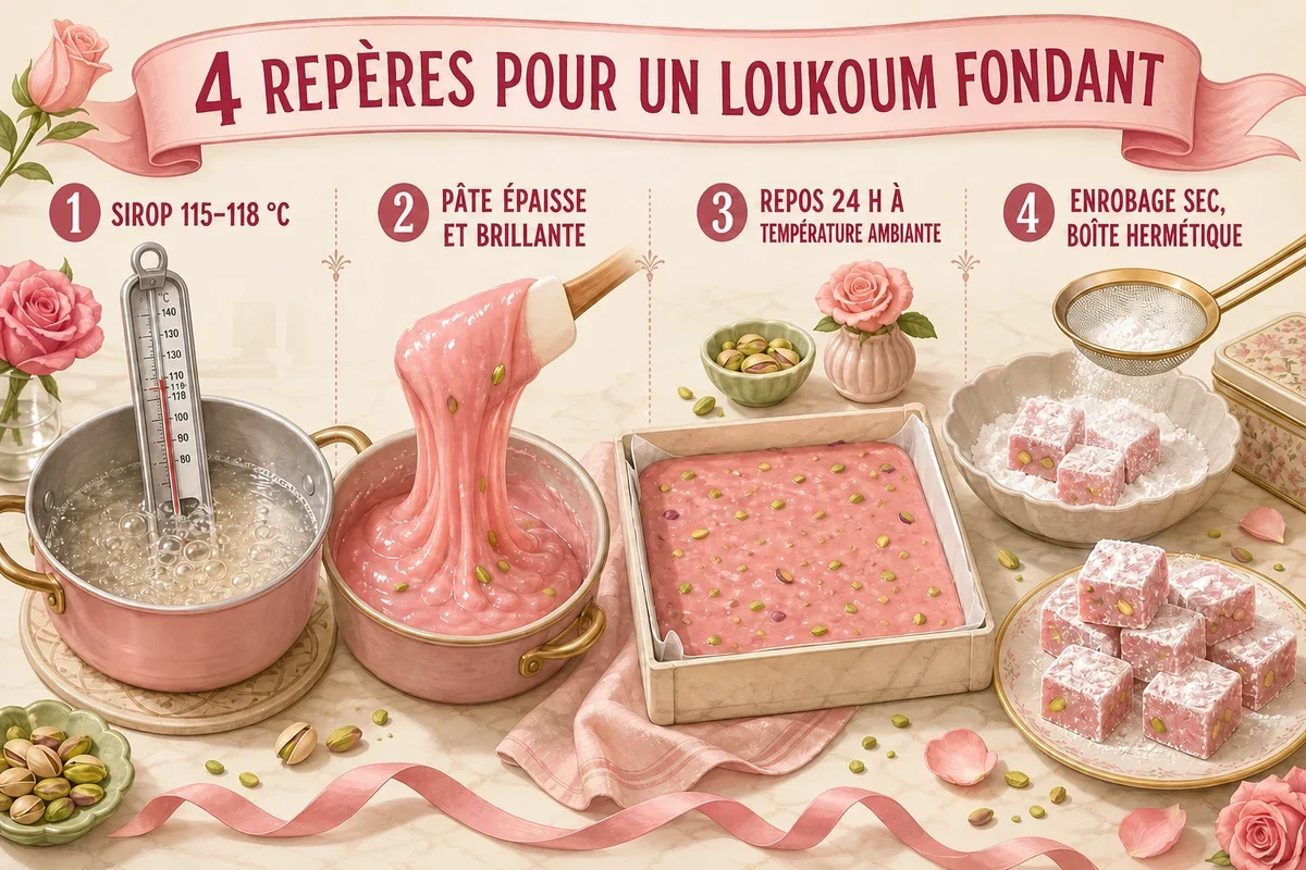 Infographie des quatre repères pour réussir un loukoum traditionnel sans gélatine