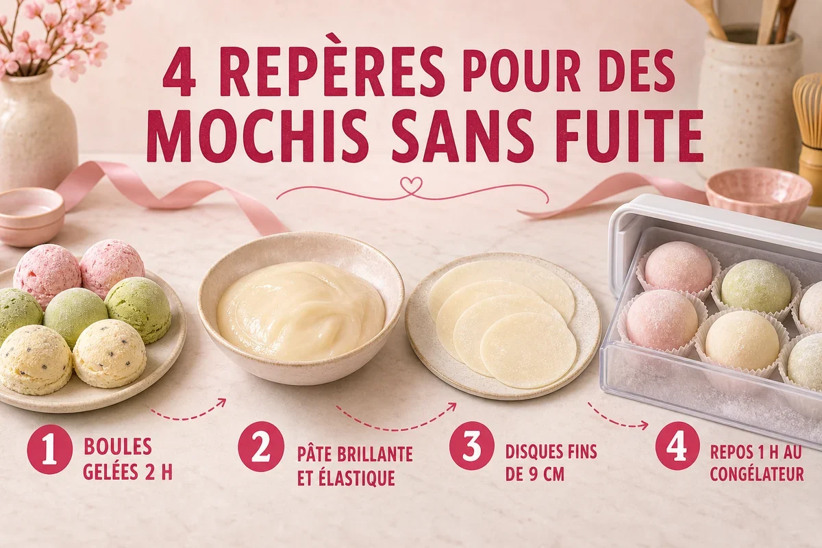 Infographie des quatre repères pour façonner des mochis glacés maison sans fuite