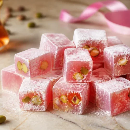Loukoums maison sans gélatine à la rose et aux pistaches avec un ruban rose en arrière-plan
