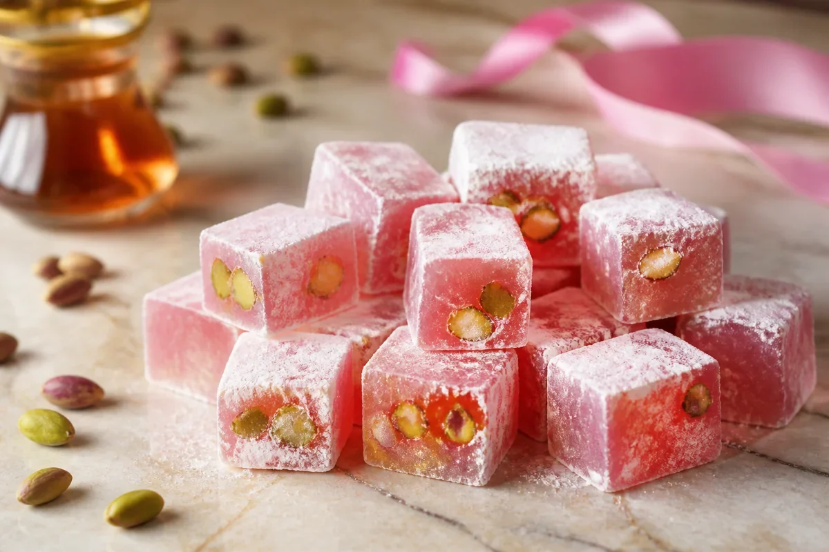 Loukoums maison sans gélatine à la rose et aux pistaches avec un ruban rose en arrière-plan
