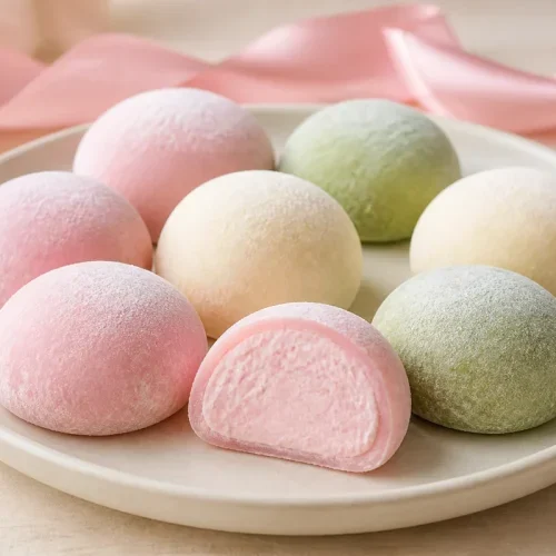 Mochis glacés maison roses, vanille et matcha avec un cœur de glace fondant