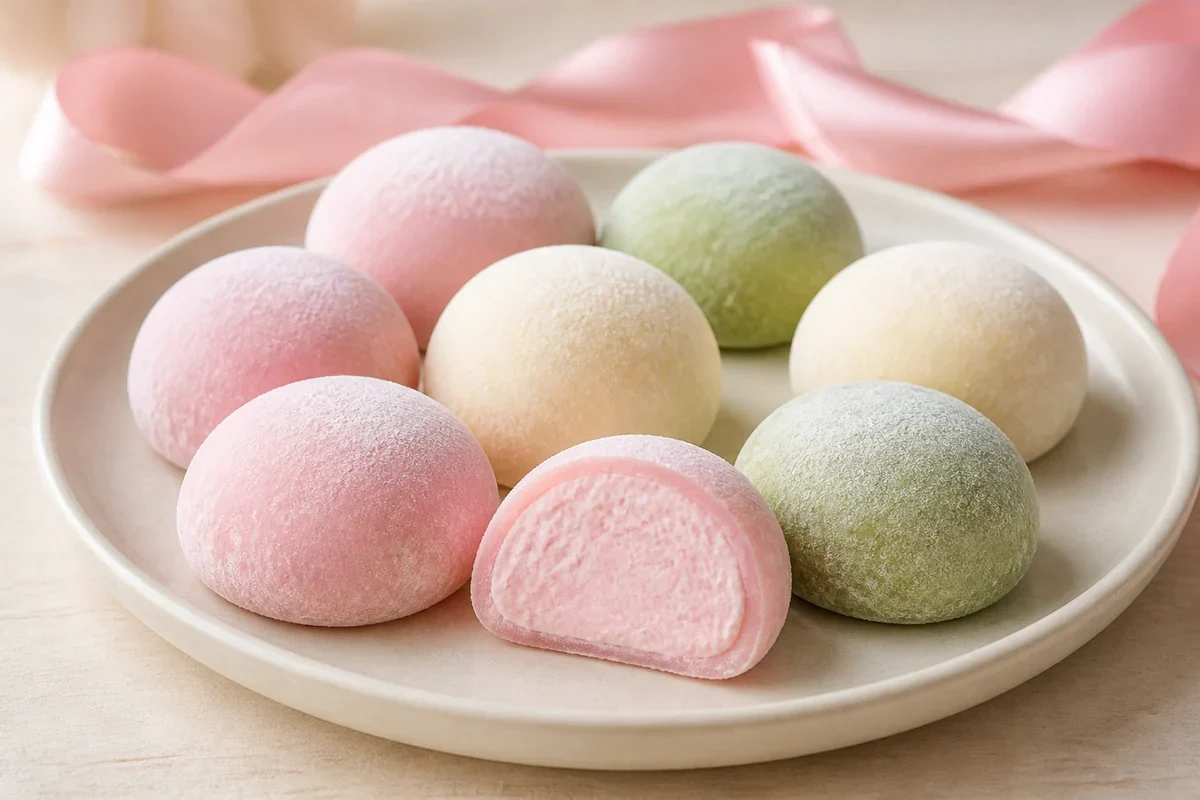 Mochis glacés maison roses, vanille et matcha avec un cœur de glace fondant