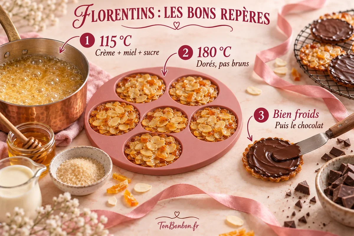 Trois repères pour les florentins : sirop à 115 °C, four à 180 °C et chocolat sur les biscuits refroidis