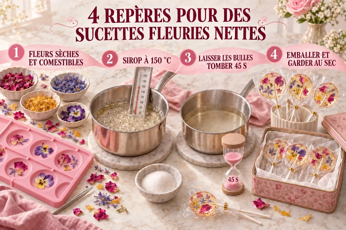 Infographie des quatre repères pour réussir des sucettes fleuries transparentes