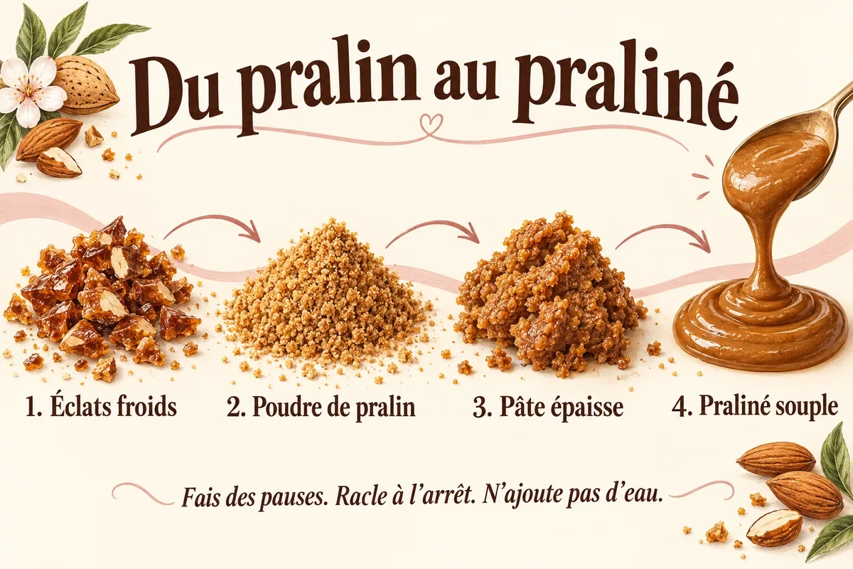 Les quatre étapes du mixage : éclats froids, poudre de pralin, pâte épaisse puis praliné souple, avec des pauses et sans ajout d’eau
