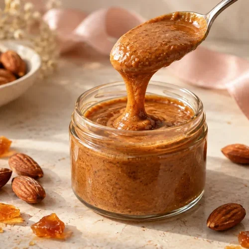 Praliné aux amandes maison dans un pot en verre, avec une cuillère de pâte souple, des amandes et des éclats de caramel