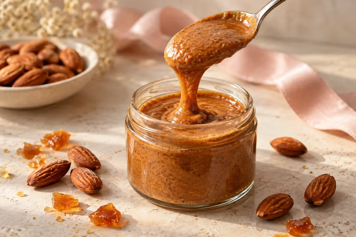 Praliné aux amandes maison dans un pot en verre, avec une cuillère de pâte souple, des amandes et des éclats de caramel