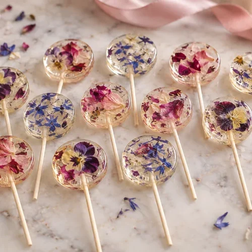 Sucettes aux fleurs comestibles transparentes avec pétales séchés et ruban rose en arrière-plan