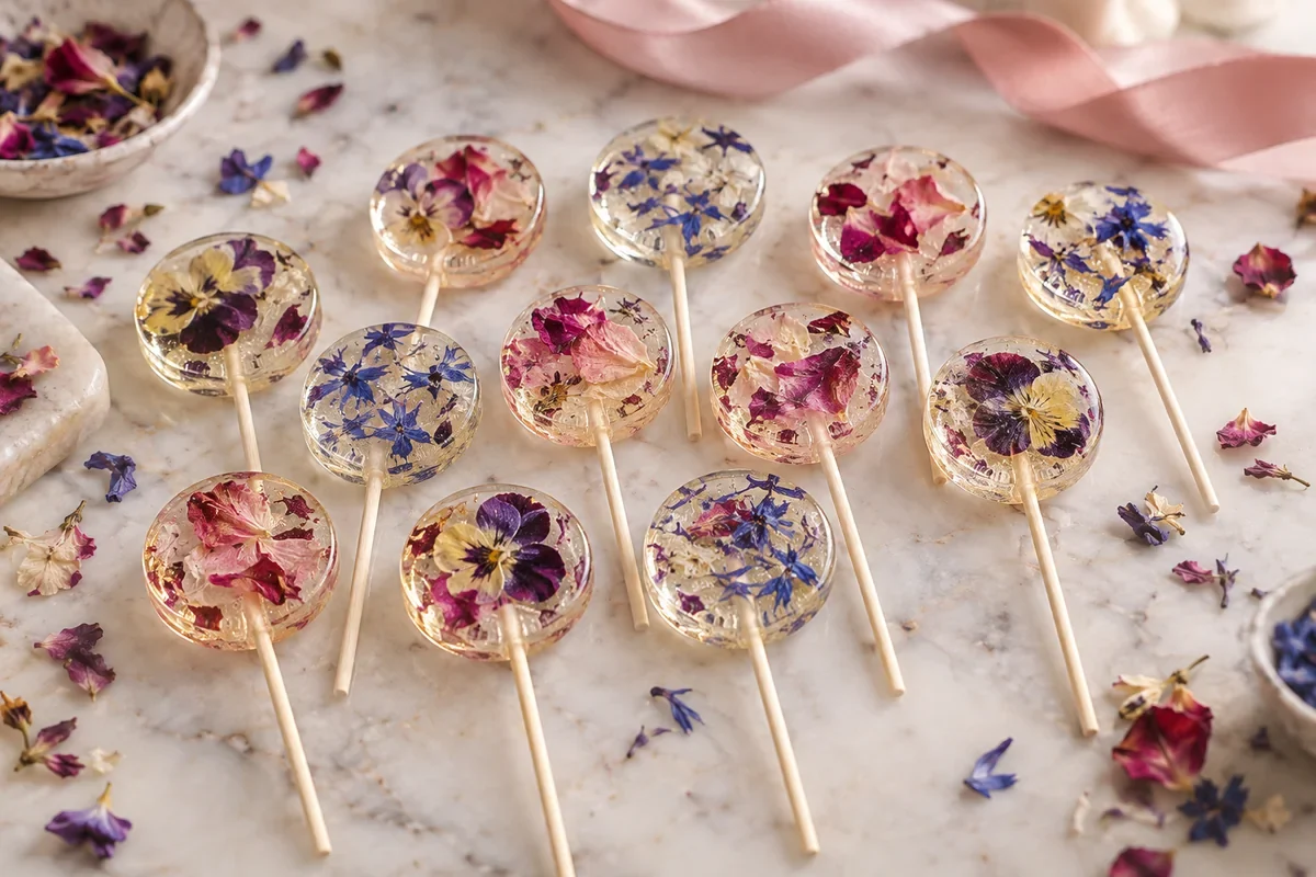 Sucettes aux fleurs comestibles transparentes avec pétales séchés et ruban rose en arrière-plan