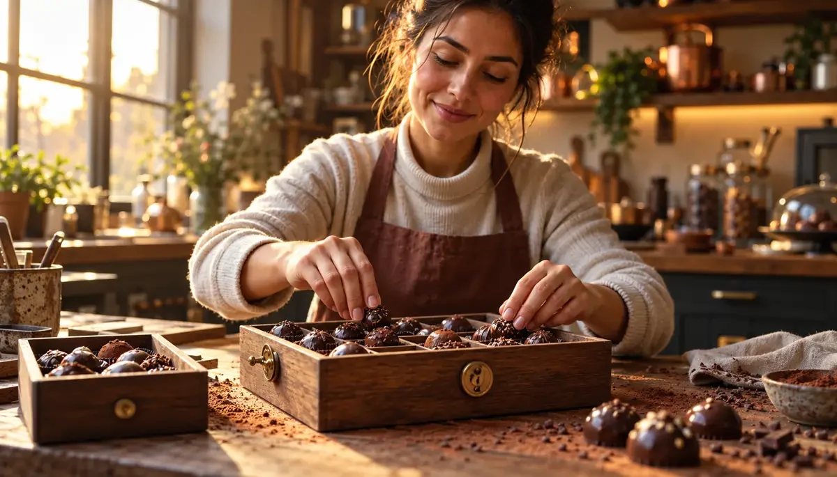 Chocolatière préparant des pralines artisanales
