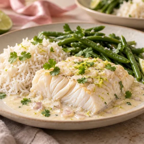 Pavé de cabillaud poché dans une sauce coco au citron vert, avec riz basmati, haricots verts et coriandre