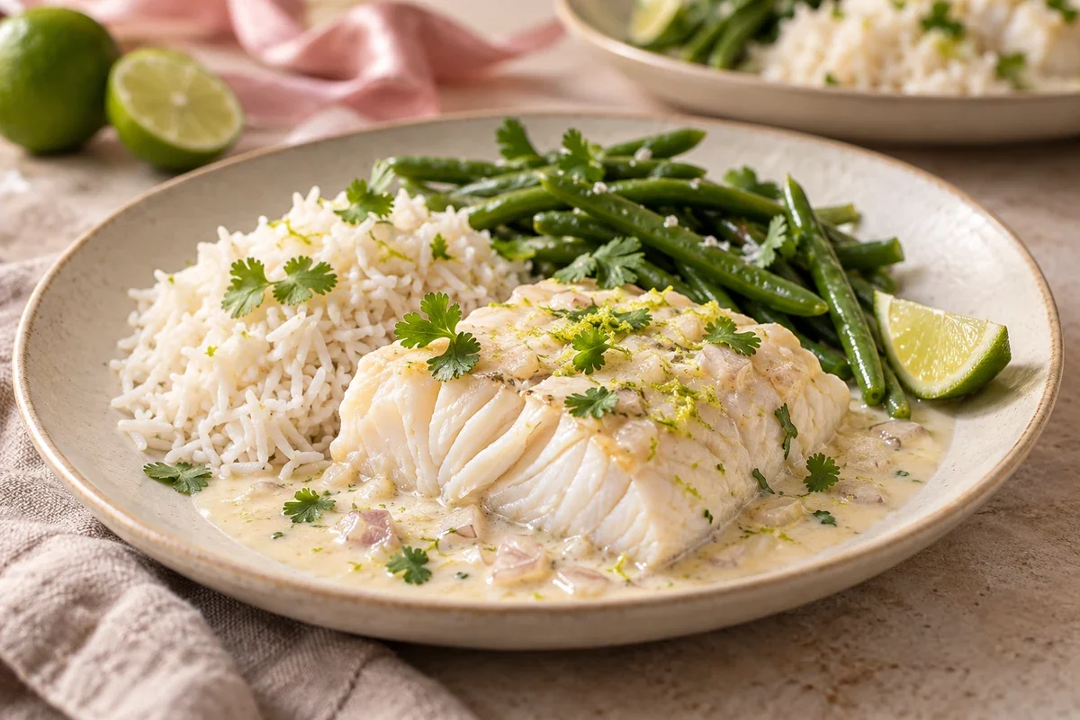Pavé de cabillaud poché dans une sauce coco au citron vert, avec riz basmati, haricots verts et coriandre