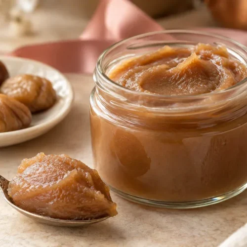 Crème de marrons maison à la vanille dans un pot en verre, avec une cuillerée de crème et des châtaignes cuites
