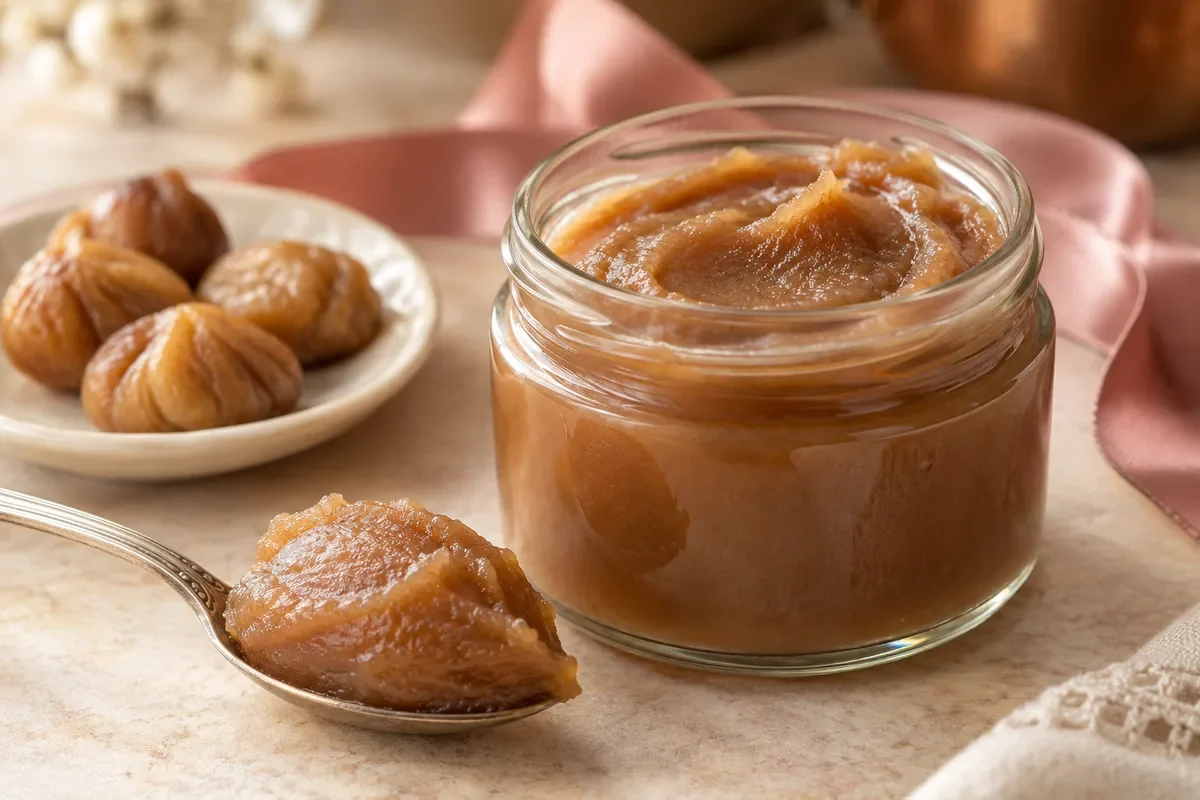 Crème de marrons maison à la vanille dans un pot en verre, avec une cuillerée de crème et des châtaignes cuites