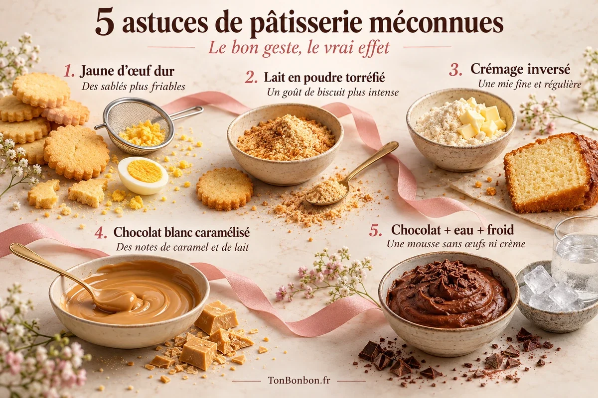 Cinq techniques : jaune dur pour sablés friables, lait torréfié, crémage inversé, chocolat blanc caramélisé et mousse chocolat-eau