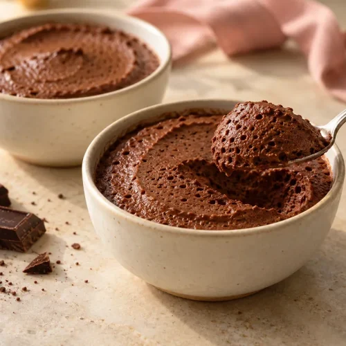 Deux petites coupes de mousse au chocolat et à l’eau, une cuillerée aérée et un ruban rose en arrière-plan